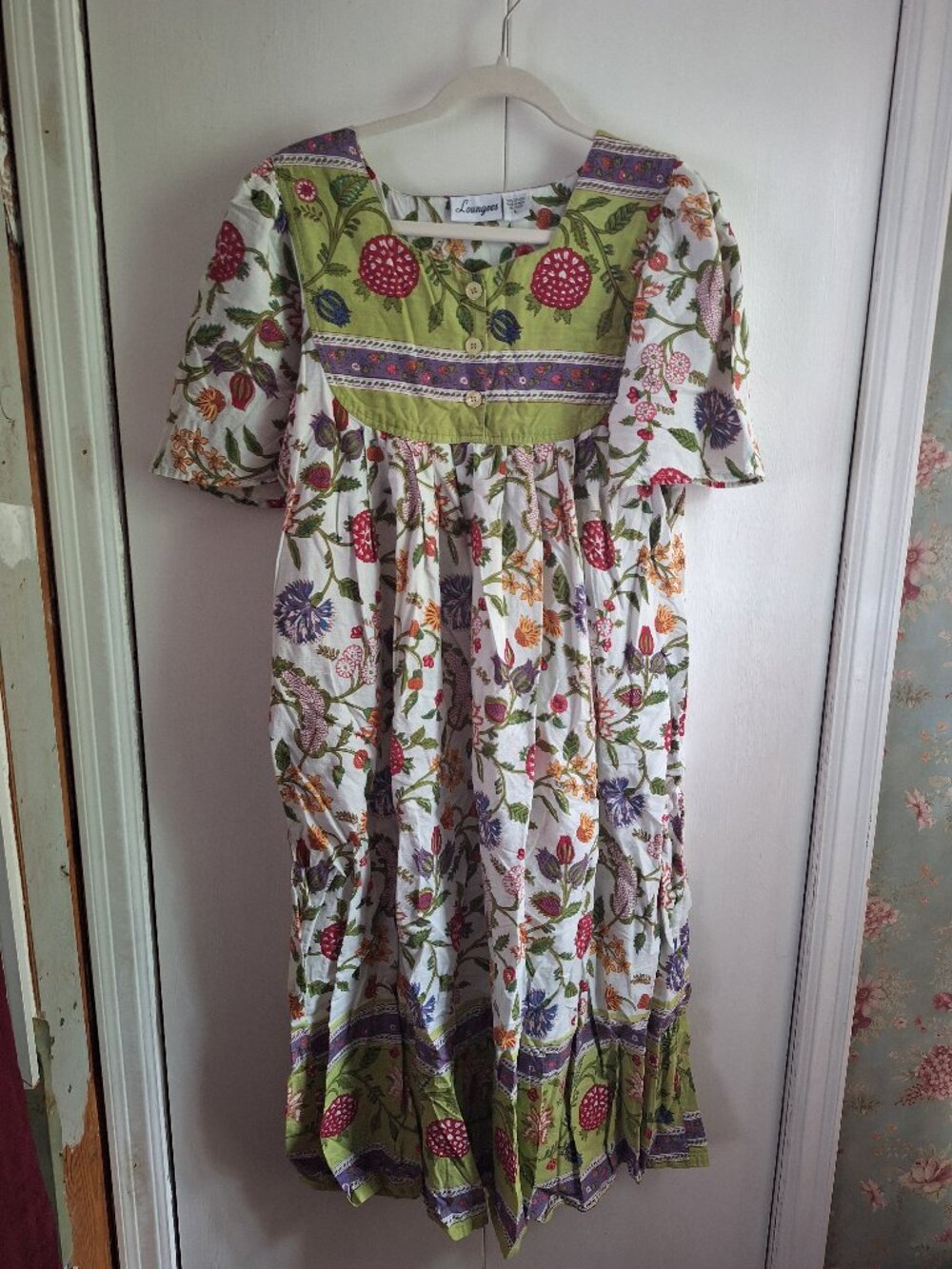Loungers Women’s L Floral Cotton Midi Dress Cottagecore Boho Green White